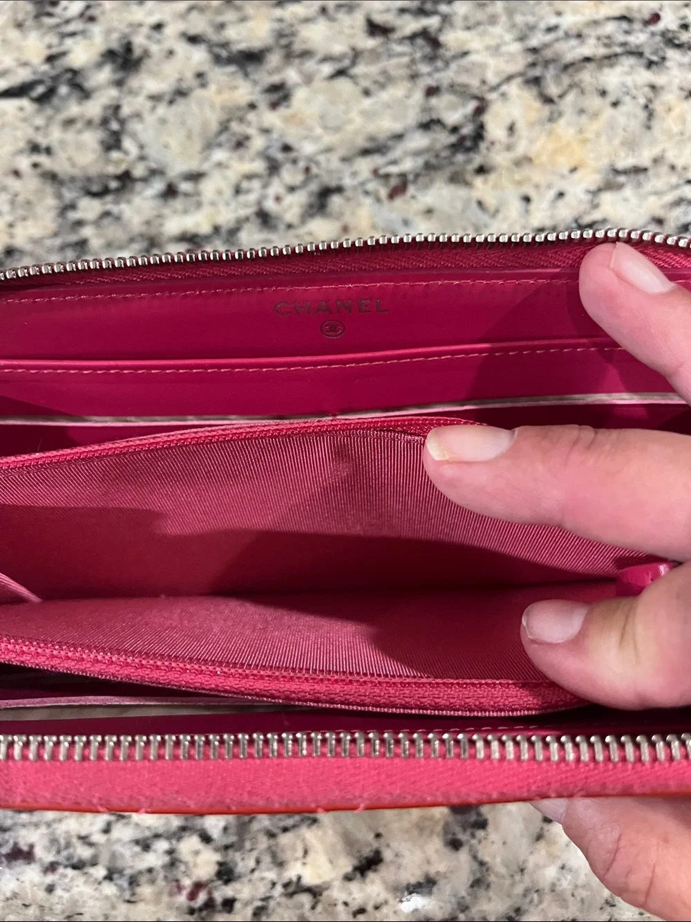 CHANEL Quilted Patent Leather Zip Wallet in Red with Silver CC